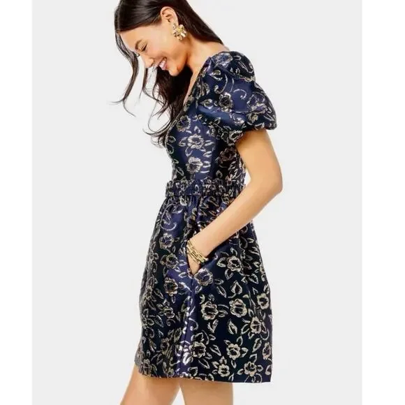 Lilly Pulitzer Kasslyn Navy Gold Puff Floral Brocade Party Pocket Dress Size 6 - Picture 3 of 14